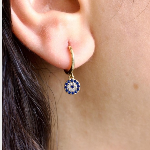 925 sterling Silver Evil Eye Dazzling Blue and Gold Crystal Earrings - Picture 4 of 8